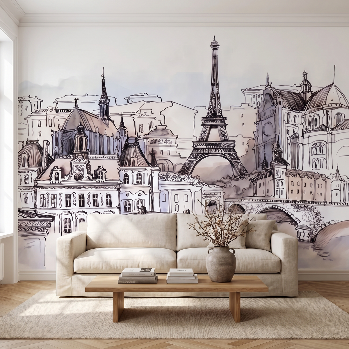 Papier peint panoramique Paris au crayon, gris posé du sol au plafond dans un salon