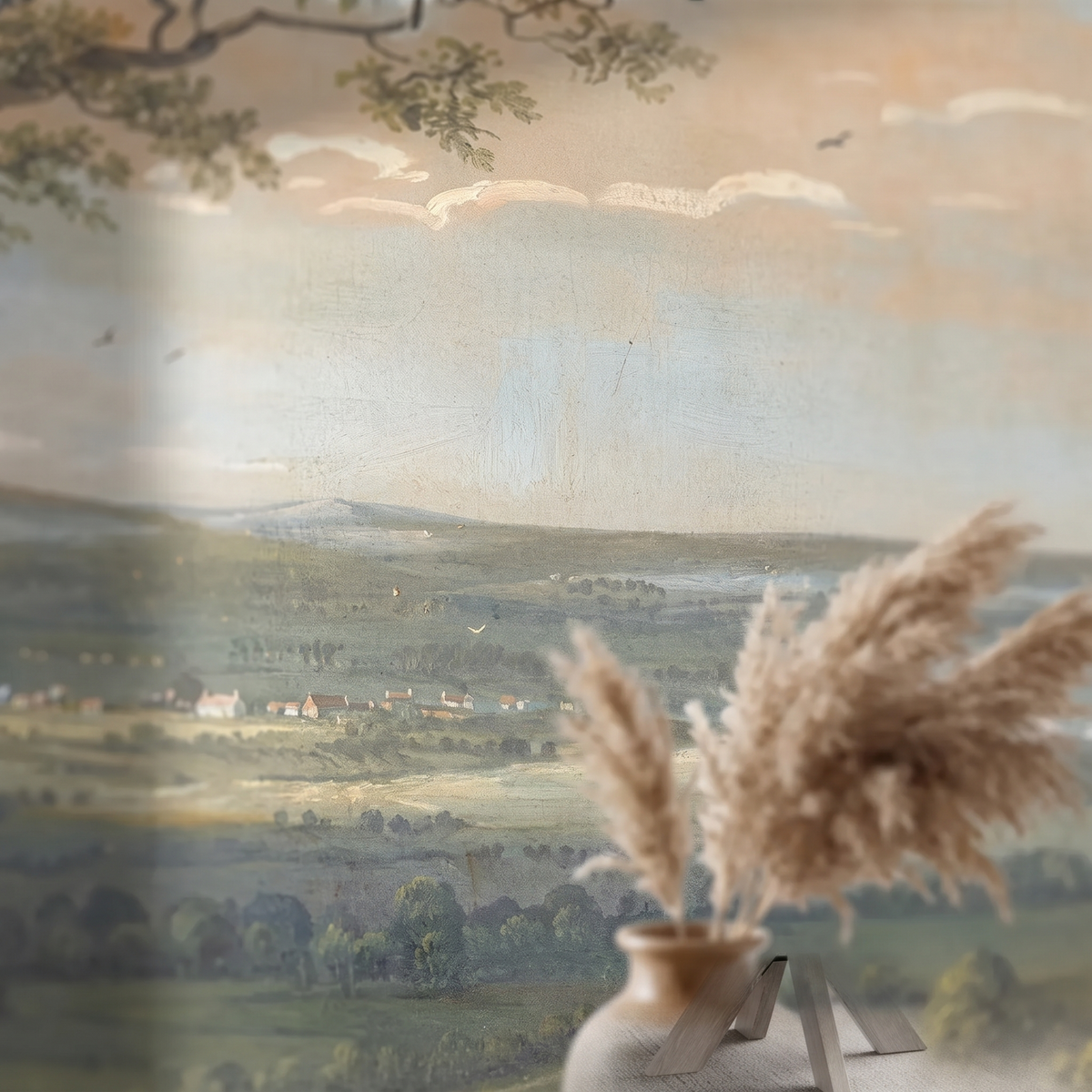Détail du papier peint panoramique Paysage pastoral, bleu ciel, papier intissé mat