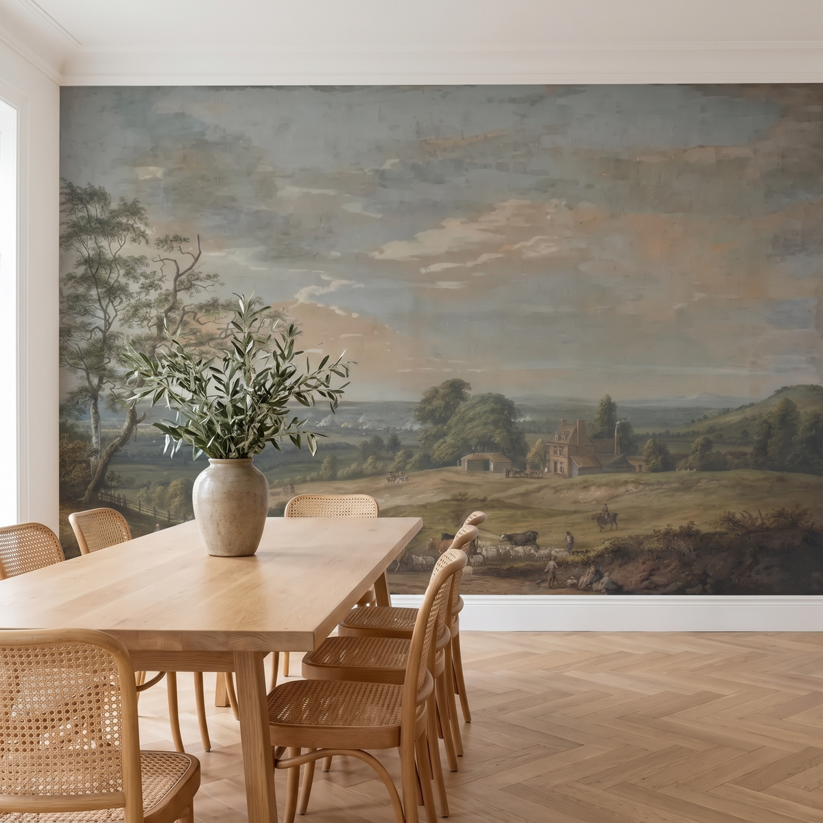 Papier peint panoramique Paysage pastoral, bleu ciel posé du sol au plafond dans une salle à manger