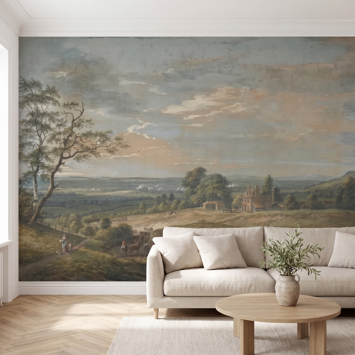 Papier peint panoramique Paysage pastoral, bleu ciel posé du sol au plafond dans un salon