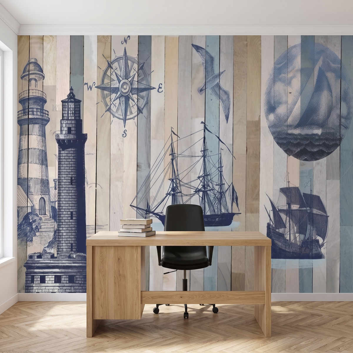 Papier peint panoramique Phare et voiliers sur bois clair posé du sol au plafond dans un bureau
