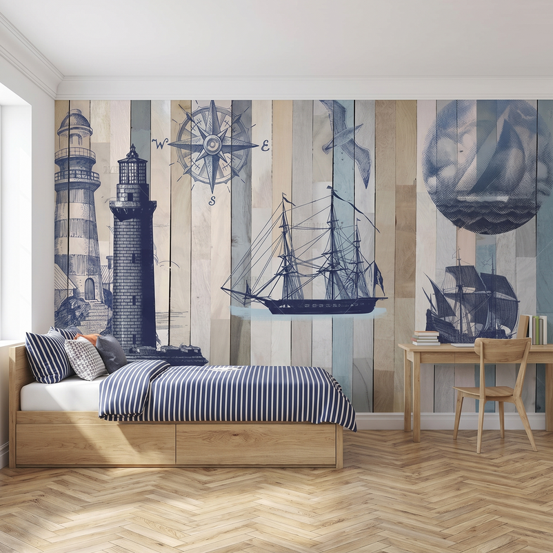 Phare et voiliers sur bois clair