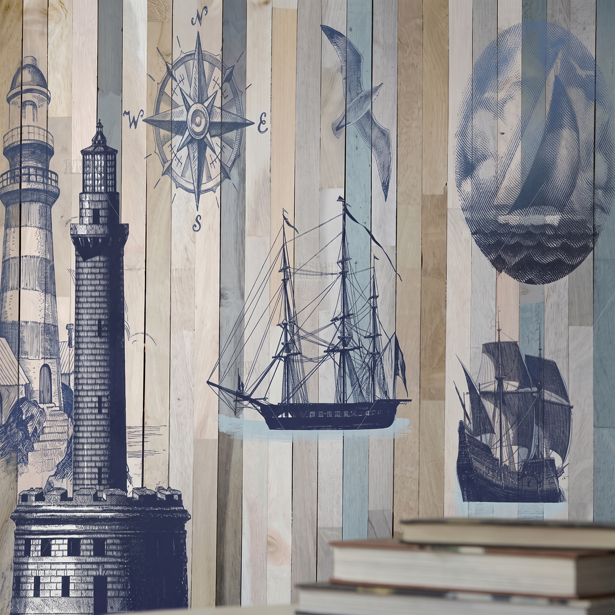 Détail du papier peint panoramique Phare et voiliers sur bois clair, matière intissée mate