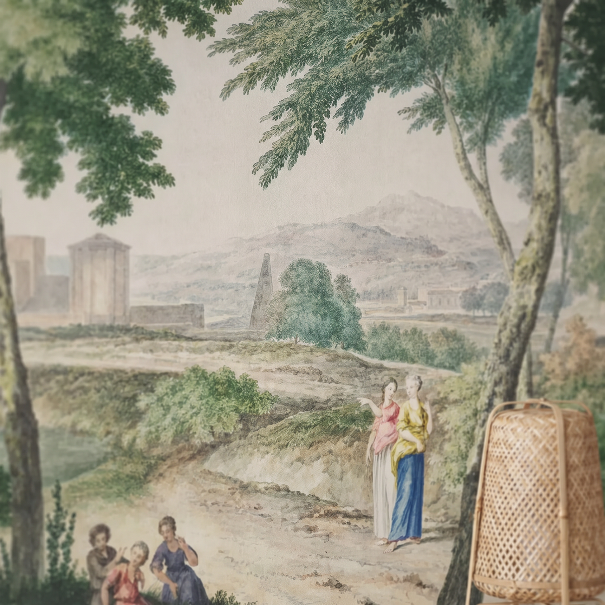 Détail du papier peint panoramique Promenade italienne au temple, papier intissé mat