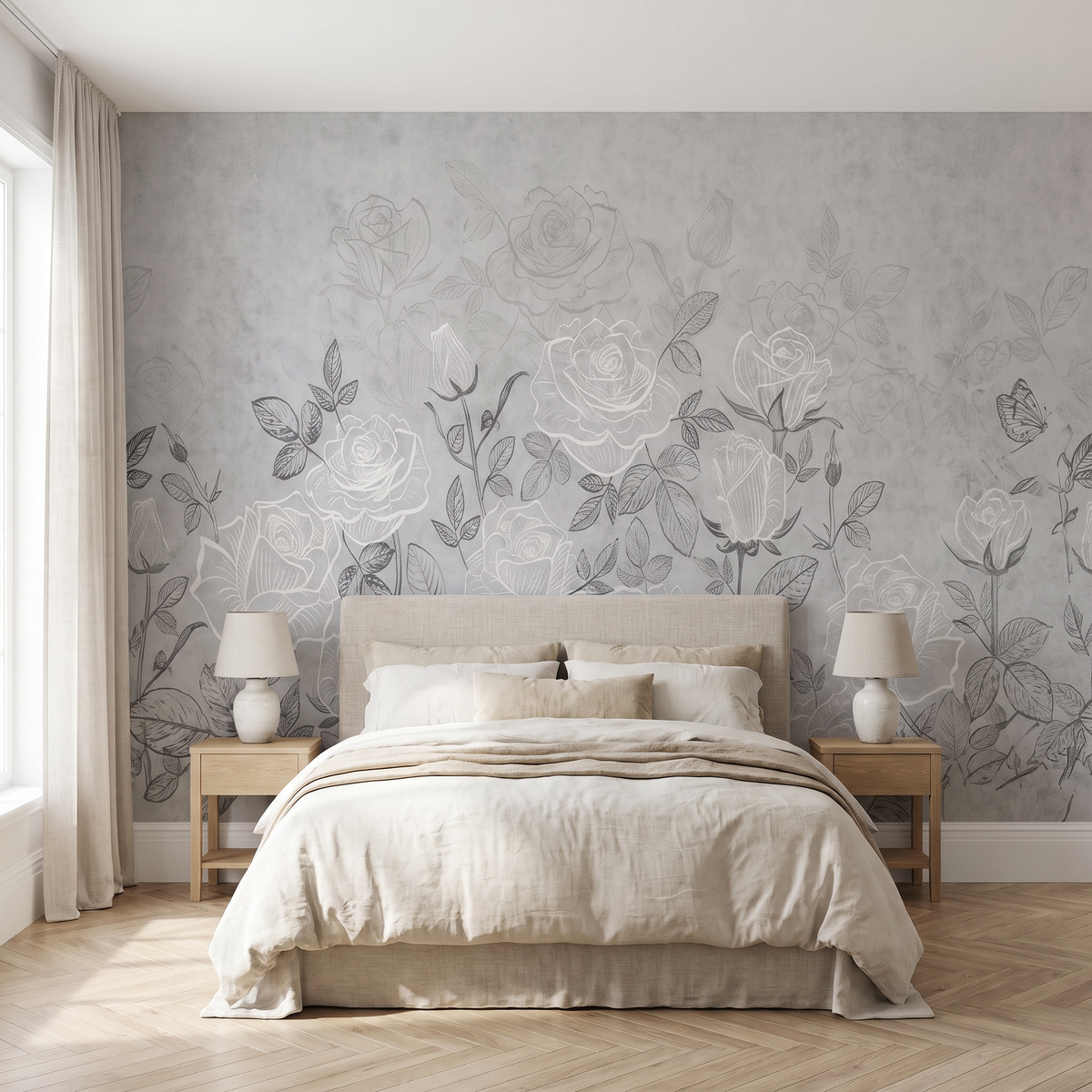 Papier peint panoramique Roses ton sur ton, gris perle posé du sol au plafond dans une chambre