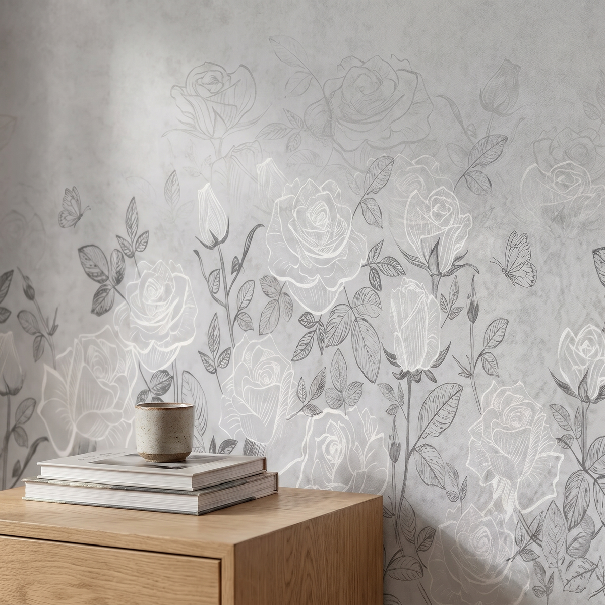 Détail du papier peint panoramique Roses ton sur ton, gris perle, matière intissée mate
