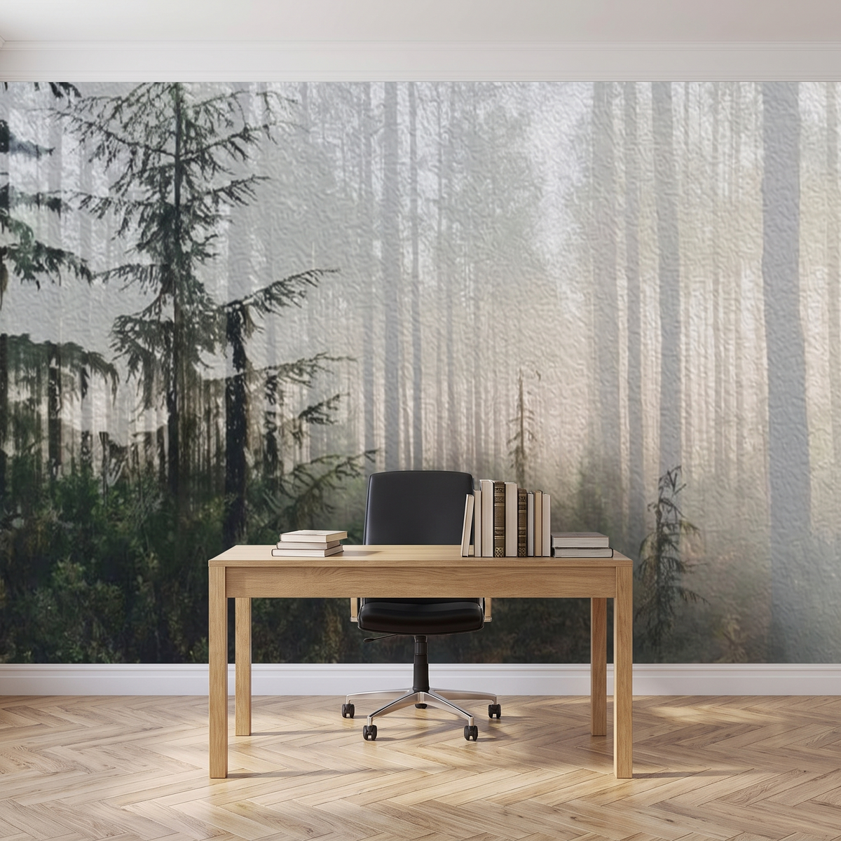 Papier peint panoramique Sapins dans la brume, vert sapin posé du sol au plafond dans un bureau