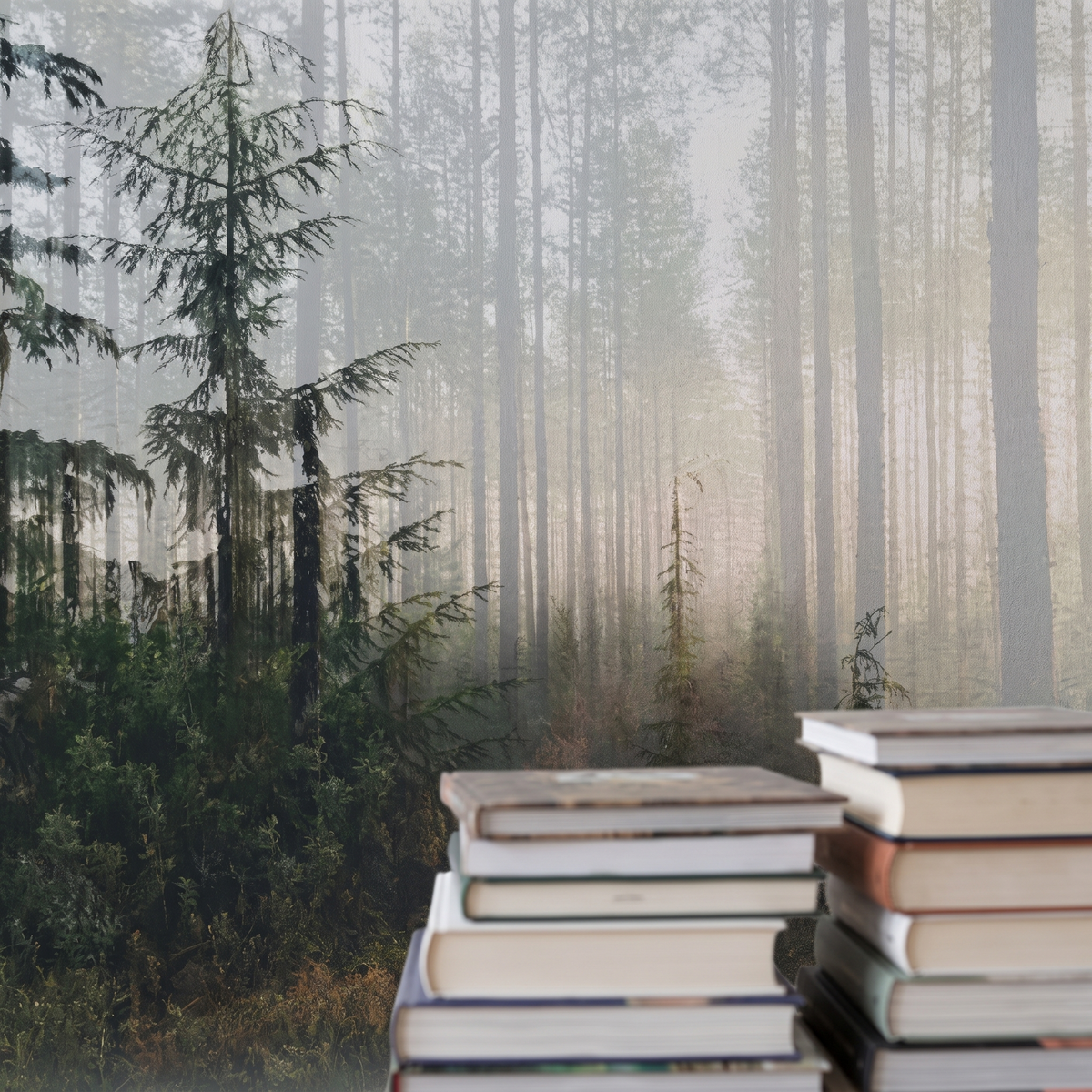 Détail du papier peint panoramique Sapins dans la brume, vert sapin, matière intissée mate