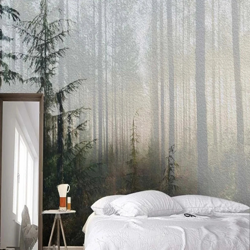 Papier peint panoramique Sapins dans la brume, vert sapin, exemple de pose