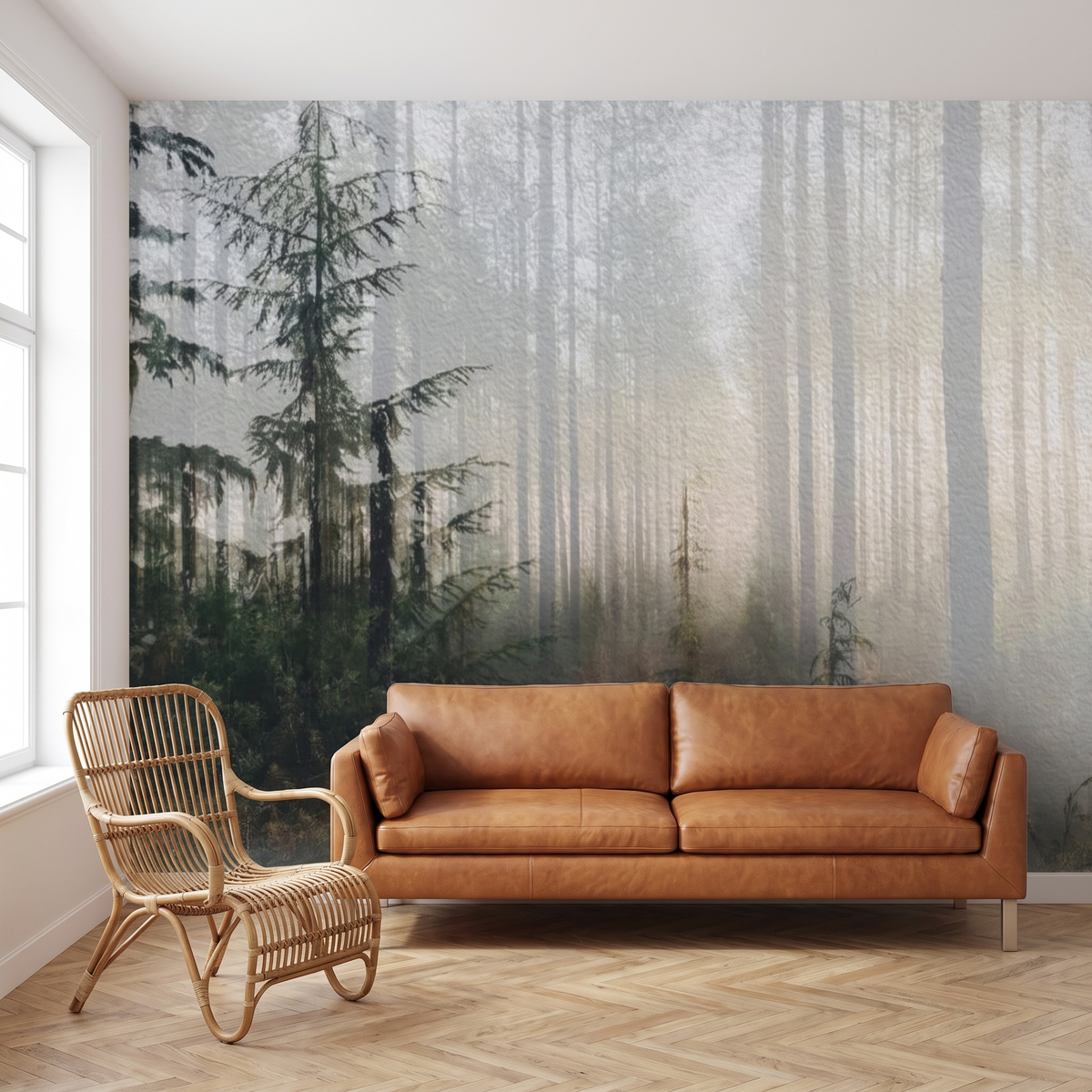 Papier peint panoramique Sapins dans la brume, vert sapin posé du sol au plafond dans un salon