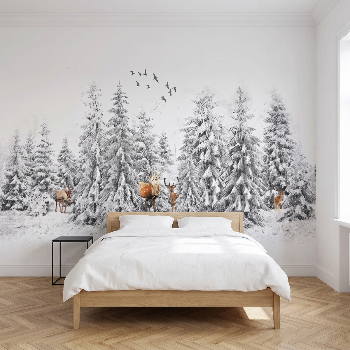 Papier peint panoramique Sapins enneigés et cerfs posé du sol au plafond dans une chambre