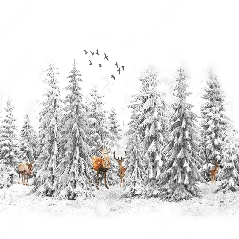 Papier peint panoramique Sapins enneigés et cerfs, exemple de pose