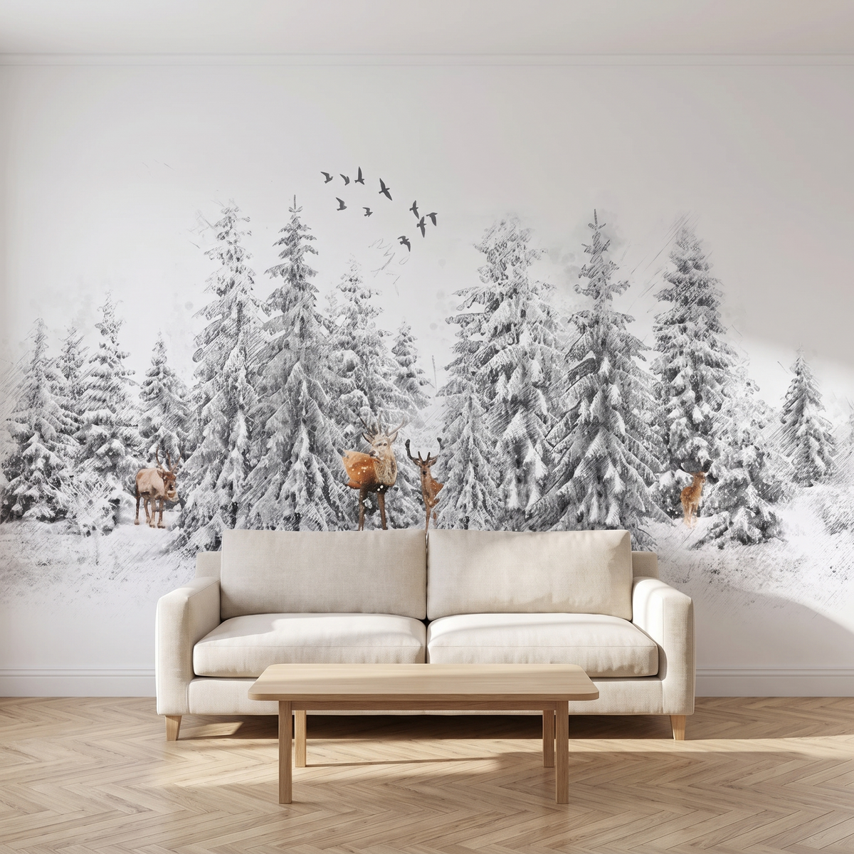 Papier peint panoramique Sapins enneigés et cerfs posé du sol au plafond dans un salon