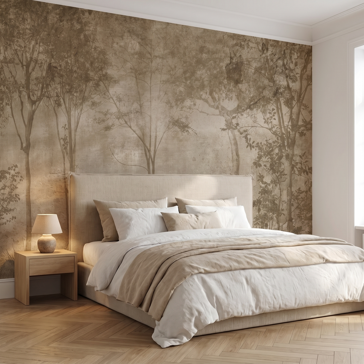Papier peint panoramique Sous-bois dans la brume, lin posé du sol au plafond dans une chambre
