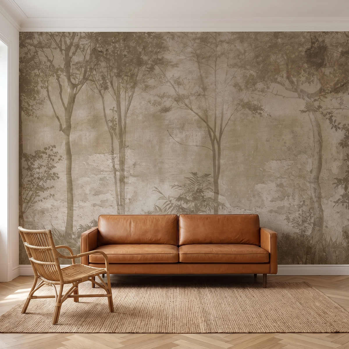 Papier peint panoramique Sous-bois dans la brume, lin posé du sol au plafond dans un salon