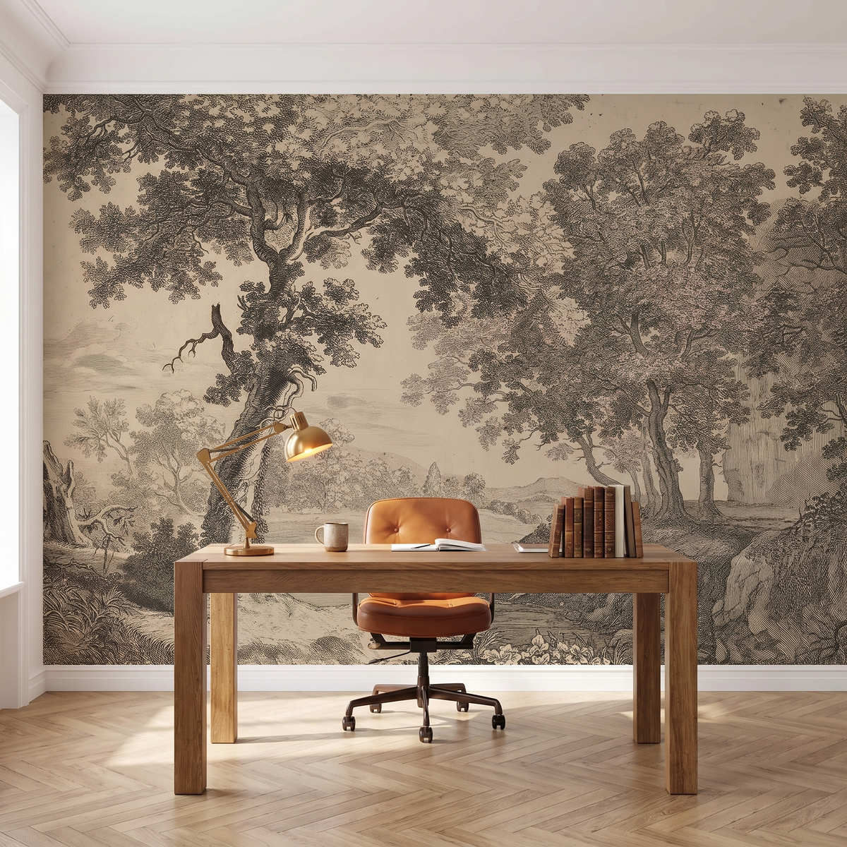Papier peint panoramique Sous-bois gravé, sépia posé du sol au plafond dans un bureau