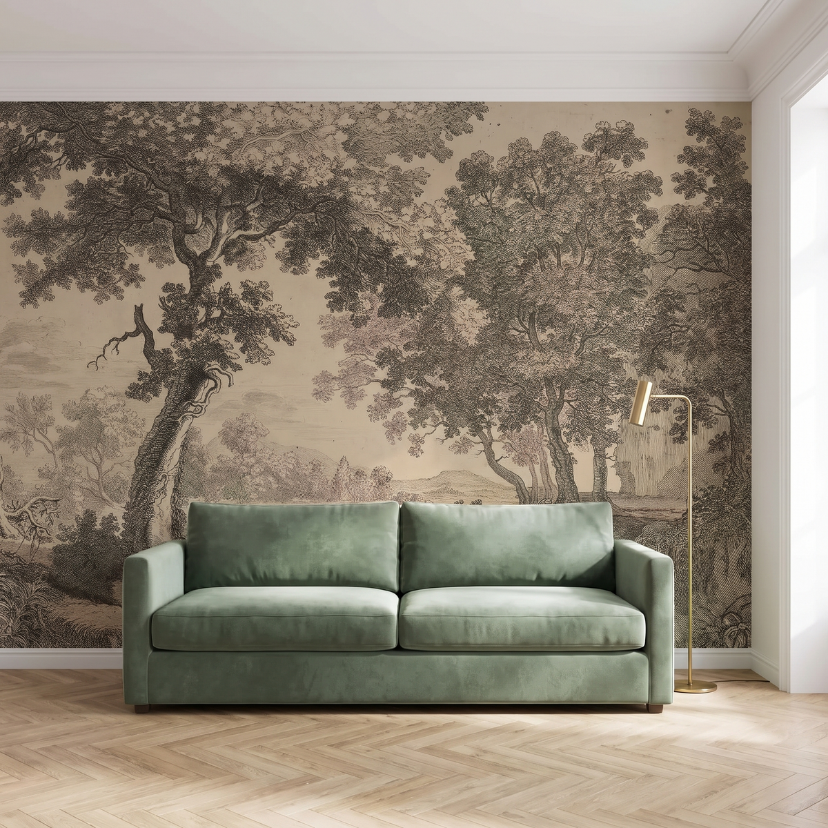 Papier peint panoramique Sous-bois gravé, sépia posé du sol au plafond dans un salon