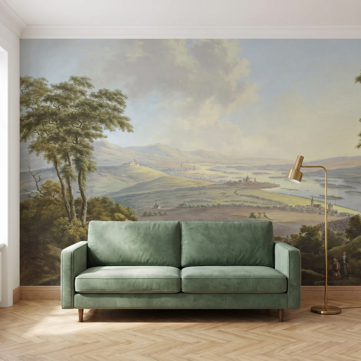 Papier peint panoramique Vallée italienne posé du sol au plafond dans un salon