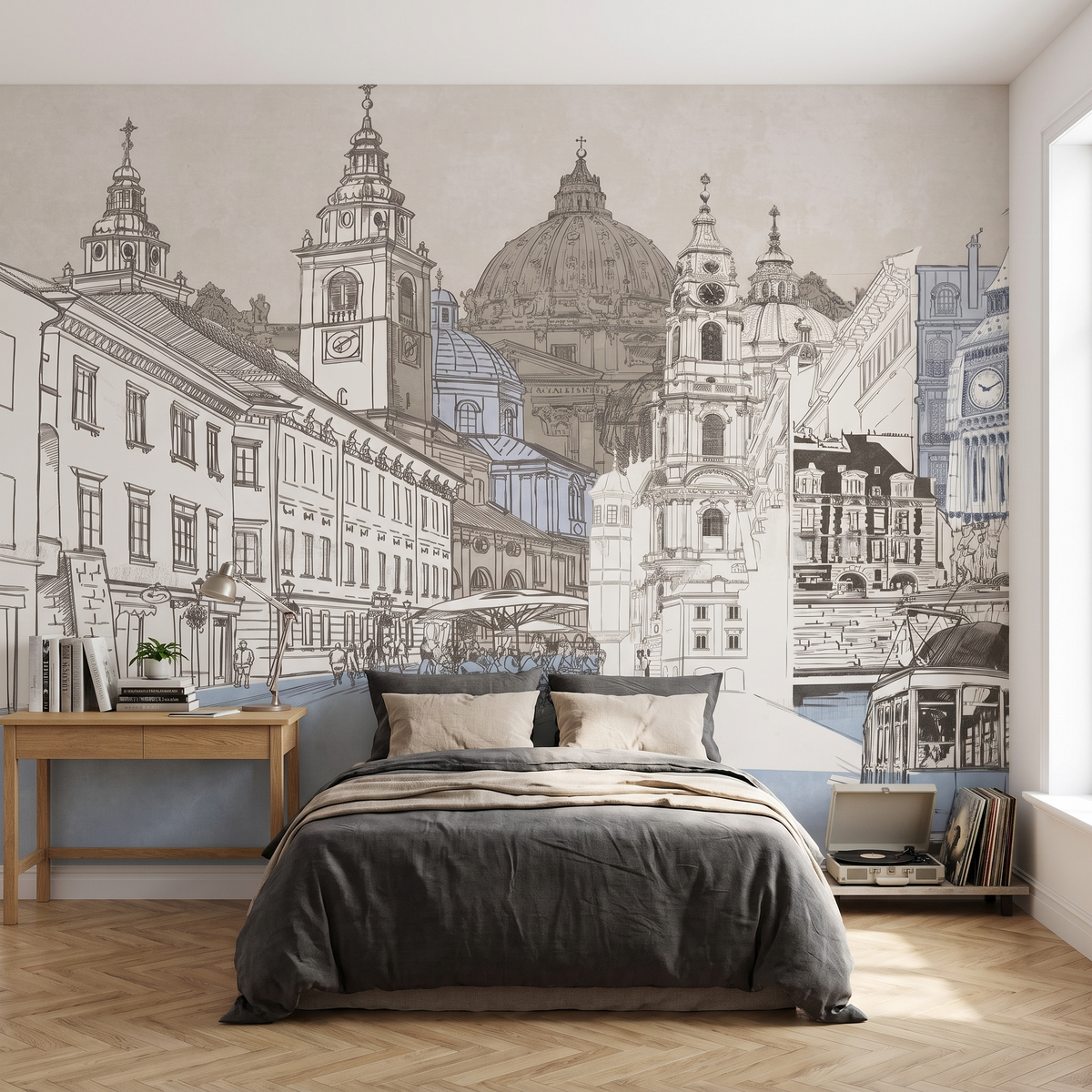 Papier peint panoramique Vieille ville à l’encre, bleu pâle posé du sol au plafond dans une chambre d’ado