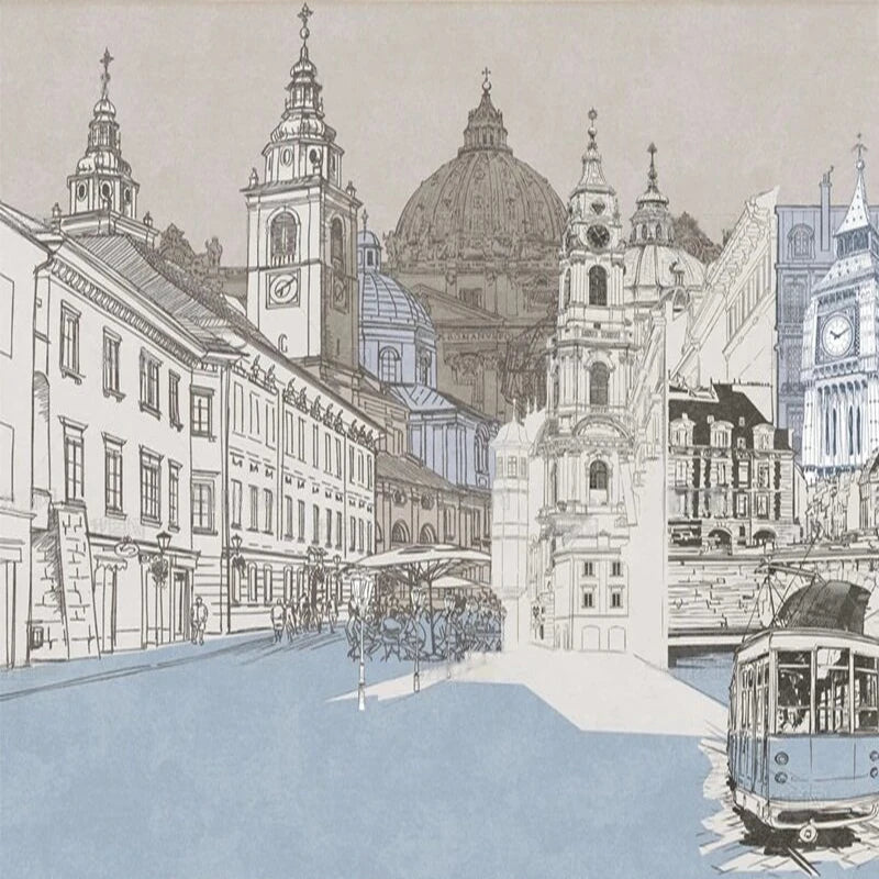 Papier peint panoramique Vieille ville à l’encre, bleu pâle, exemple de pose