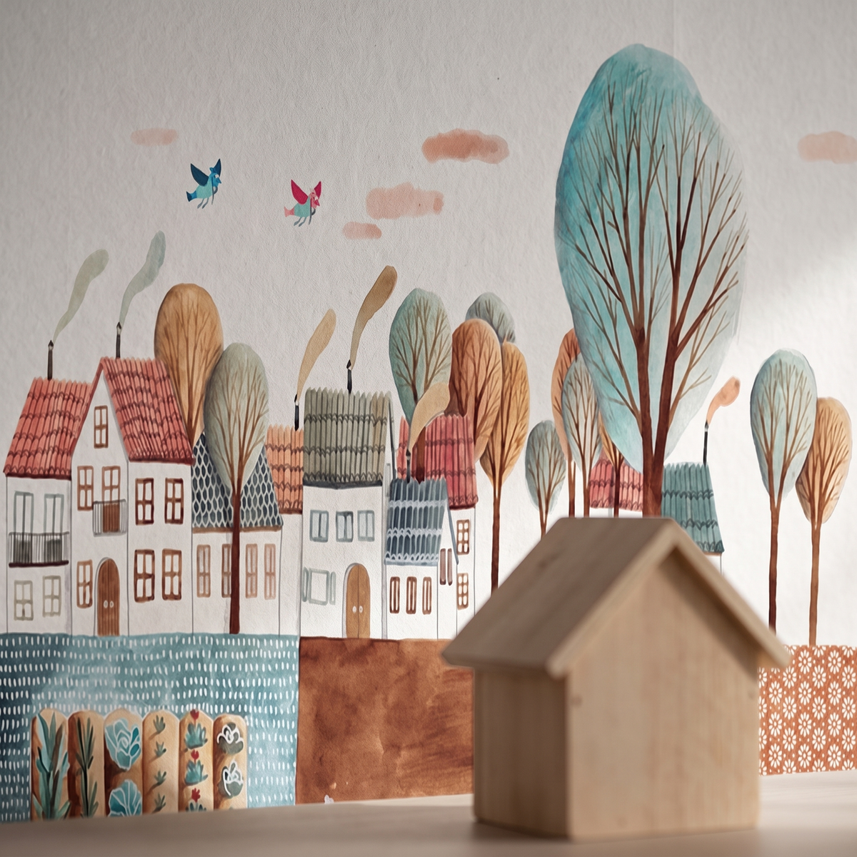 Détail du papier peint panoramique Village aquarelle, maisons et arbres, matière intissée mate