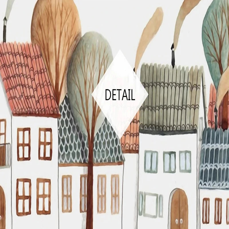 Papier peint panoramique Village aquarelle, maisons et arbres, exemple de pose