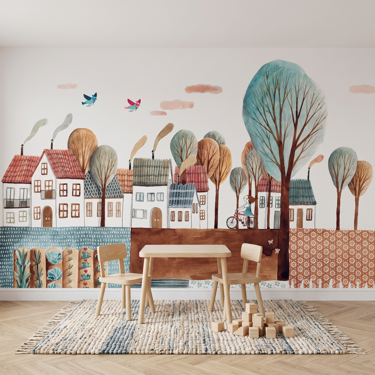 Papier peint panoramique Village aquarelle, maisons et arbres posé du sol au plafond dans une salle de jeux