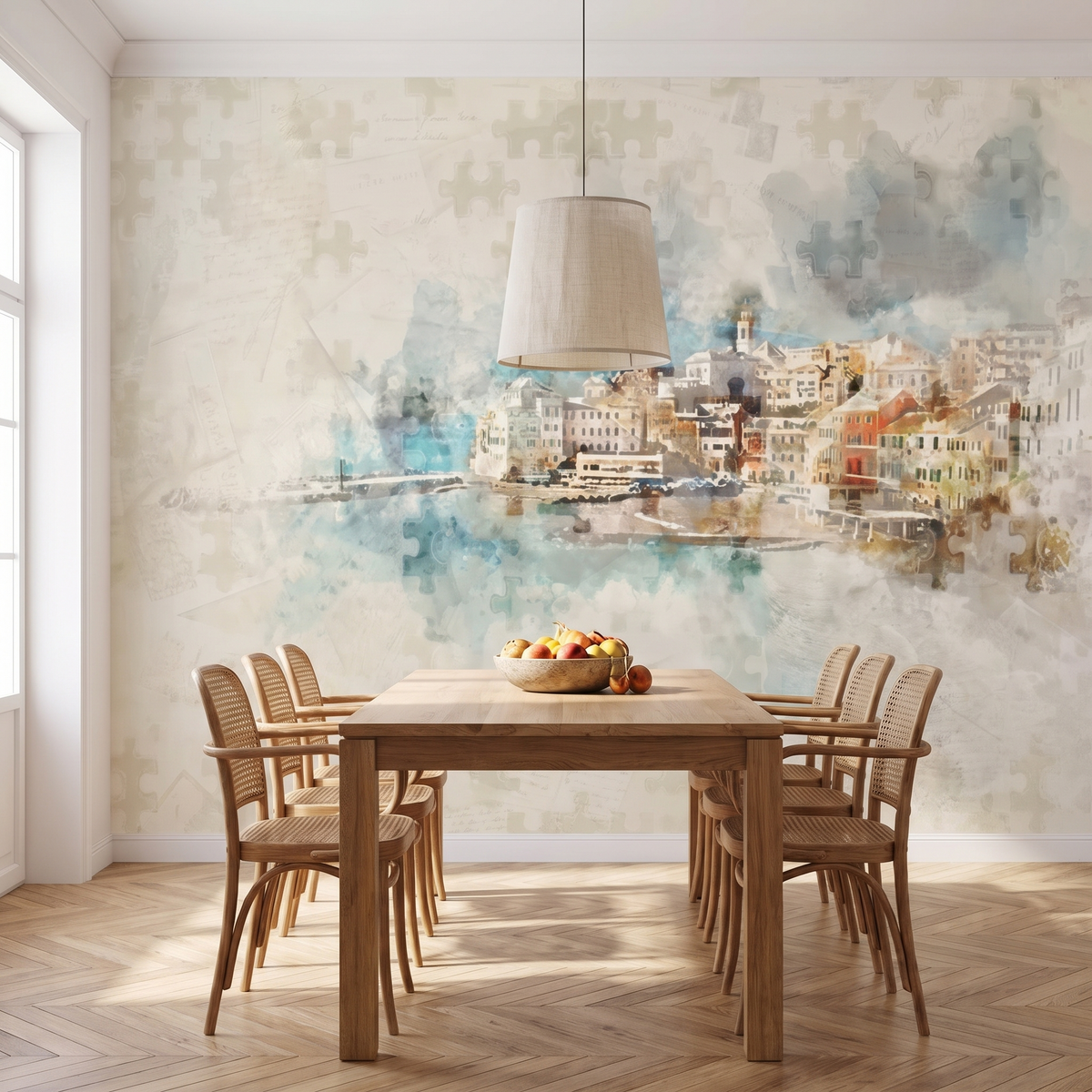 Papier peint panoramique Village côtier aquarelle, sable posé du sol au plafond dans une salle à manger
